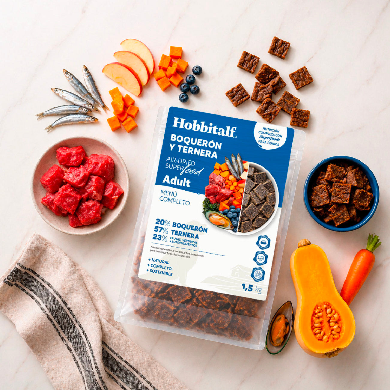 Air-dried SUPERFOOD Anchovy and Beef Menu for adult and junior dogs